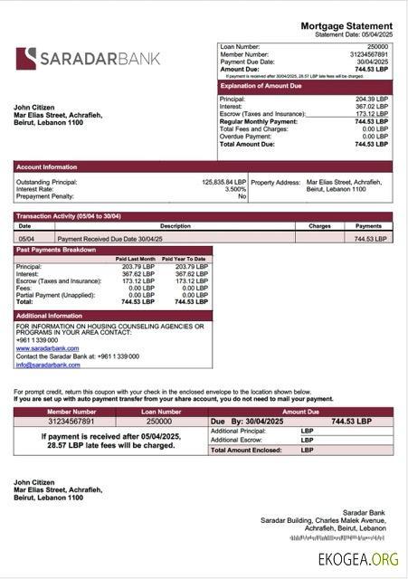 Modèle Word et PDF de relevé hypothécaire de la Saradar Bank du Liban